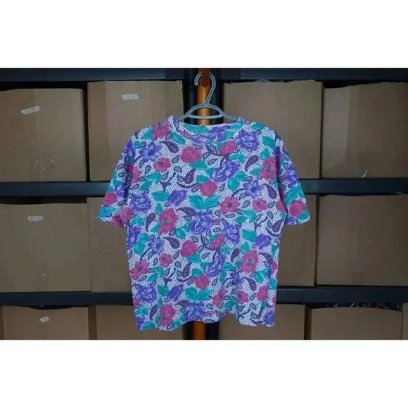 90s Floral Art AOP Vintage Tee L Cropped Boxy Fit - Picture 1 of 3